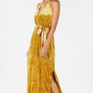 Avec Les Filles Mustard Yellow Velvet Halter Neck Maxi Dress